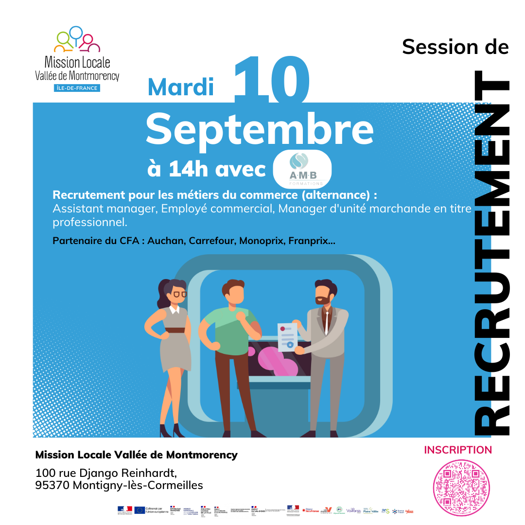 La Mission Locale organise une session de recrutement avec AMB Formation le 10 septembre à 14h à Montigny-lès-Cormeilles